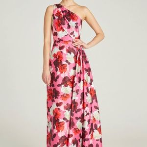 THEIA Zibeline Floral One-Shoulder Side-Drape Gown/ Formal Evening Dress